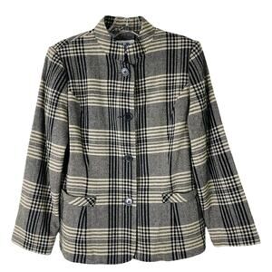 Vintage black tan wool plaid button preppy academia blazer jacket 6P